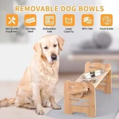 Elevated Dog Bowls Adjustable Raised Dog Bowl, Solid Bamboo Dog Food Water Bowls Stand With 2 Stainless Steel, Non-Slip No Spill Dog Dish Spill Proof Mat For Small Medium Large Dogs And Cats -Zoo Shop 51XFVXLWmTL