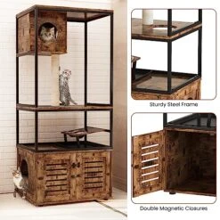 AWQM Large Cat Litter Box Enclosure,3 Level Cat Tree Tower With Elevated Cat Feeding Bowl,Scratching Posts,Hidden Cat Washroom,Kitty Condo,All-in-One Wood Pet Cat House/Cabinet Funiture,Rustic Brown -Zoo Shop 51Xxq7E6RfL