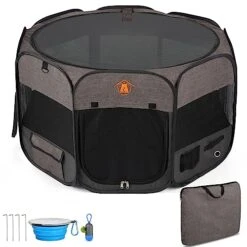 Ebyte Portable Foldable Pet Playpen/Dog Playpen For Small Dogs/Dog Enclosure/Cat Play Pen For Indoors Or Outdoor/Kennel/Tent/Free Travel Bowl+Carrying Case/with Removable Shade Cover (Brown)