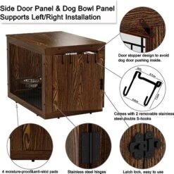 Piskyet Wooden Dog Crate Furniture With 360° Rotatable Removable Dog Bowls, Dog Crate End Table With Tray, Double Doors Dog Kennels Indoor For Small To Medium Dogs -Rustic Style -Zoo Shop 51cJvk8ymYL