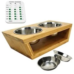 Pet Fit For Life Raised Dog Bowl - Elevated Dog Bowls Enhance Your Pet's Comfort - Naturally Sourced Bamboo Dog Bowl Stand, Both Food And Water Holder With 2 Sets Of Bowls