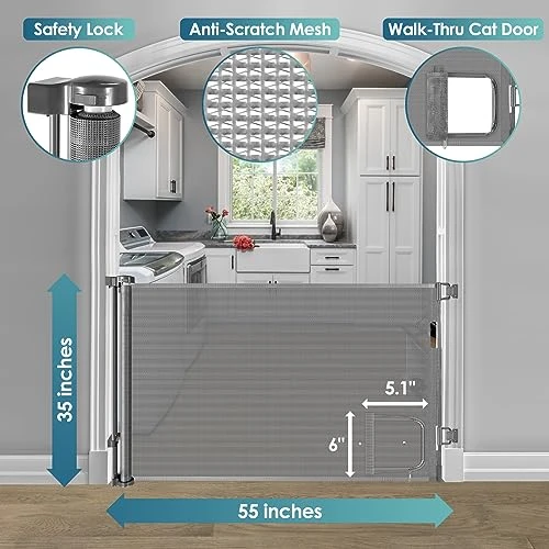 Baby Gate With Cat Door Walk Through 55" Wide Retractable Baby Gates Indoor Retractable Dog Gate Outdoor Pet Gate With Cat Door Gates For Pets Cat Gate For Doorway Dog Gates For The House, Gray 4 Baby Gate With Cat Door Walk Through 55" Wide Retractable Baby Gates Indoor Retractable Dog Gate Outdoor Pet Gate With Cat Door Gates For Pets Cat Gate For Doorway Dog Gates For The House, Gray - Image 2