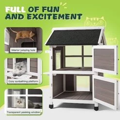 Bigrab Outdoor Large Cat House Weatherproof, Outside Feral Cat Shelter With Escape Door, Insulated Wooden Cat Condos With Window, (Two Storey Grey - For 2-3 Cats Or Small Animals) -Zoo Shop 51ciESBTmCL