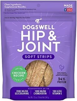 DOGSWELL Hip & Joint Dog Treats 100% Meaty, Grain Free, Glucosamine Chondroitin & Omega 3, Chicken Soft Strips 12 Oz -Zoo Shop 51dIl9lEVEL. AC