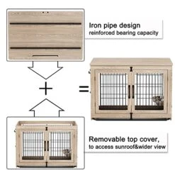 Piskyet Wooden Dog Crate Furniture With 360° Rotatable Removable Dog Bowls, Medium Dog Crate End Table With Tray, Double Doors Dog Kennels Indoor For Large Dogs - Texture Grey, -Zoo Shop 51drJjhySVL