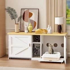WJFORLION Cat Litter Box Enclosure, Cat Box Furniture Hidden - Hidden Cat Litter Box Furniture For 2 Cats, Large Wood Cat Litter Box Furniture For Living Room, White -Zoo Shop 51e7KWPH8oL. AC