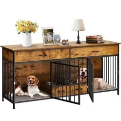 YITAHOME Dog Crate Furniture Large Breed With Dog Feeder, 74.8" Inch Wooden Dog Kennel Furniture Indoor Heavy Duty Dog Crate With Drawers, TV Cansole Table2 Room Divider For 2 Medium Large Dogs -Zoo Shop 51e9XgwO10L