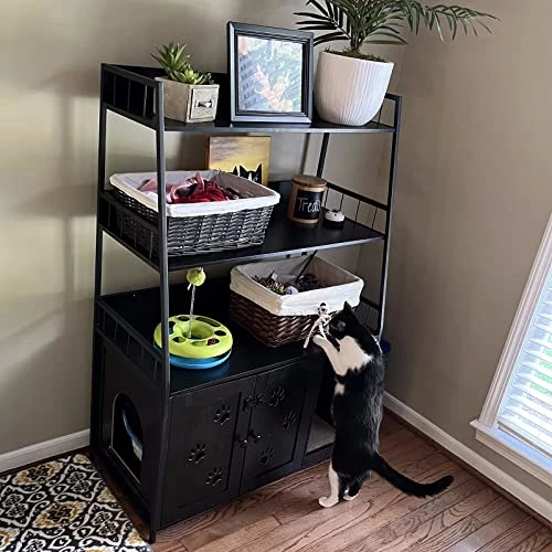 Recaceik Large Cat Litter Box Enclosure With Shelf Storage, Hidden Cat Washroom Furniture, Wooden Cat House With Scratch Pad, Sturdy Indoor Cat Cabinet With 2 Doors, Black 4 Recaceik Large Cat Litter Box Enclosure With Shelf Storage, Hidden Cat Washroom Furniture, Wooden Cat House With Scratch Pad, Sturdy Indoor Cat Cabinet With 2 Doors, Black - Image 2