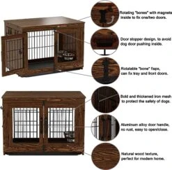 Piskyet Wooden Dog Crate Furniture With 360° Rotatable Removable Dog Bowls, Dog Crate End Table With Tray, Double Doors Dog Kennels Indoor For Small To Medium Dogs -Rustic Style -Zoo Shop 51gyUyUSUYL