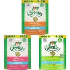 Greenies Feline Adult Natural Dental Care Cat Treats Bundle- Oven Roasted Chicken, Savory Salmon And Catnip Flavored 4.6 Oz. Pouch