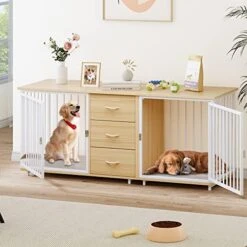 YITAHOME Large Dog Crate Furniture 74" Inch, Indoor Wooden Dog Kennel With Dog Feeders Bowls, 2-in-1 TV Stand, Endtable For 2 Large Medium Dogs, Walnut White 17 YITAHOME Large Dog Crate Furniture 74" Inch, Indoor Wooden Dog Kennel With Dog Feeders Bowls, 2-in-1 TV Stand, Endtable For 2 Large Medium Dogs, Walnut White -Zoo Shop 51hRP8VlhLL. AC