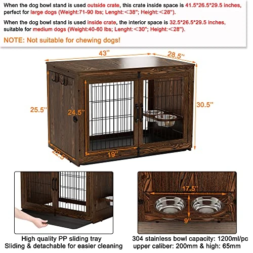 Piskyet Wooden Dog Crate Furniture With 360° Rotatable Removable Dog Bowls, Medium Dog Crate End Table With Tray, Double Doors Dog Kennels Indoor For XLarge Dogs - Rustic Style 8 Piskyet Wooden Dog Crate Furniture With 360° Rotatable Removable Dog Bowls, Medium Dog Crate End Table With Tray, Double Doors Dog Kennels Indoor For XLarge Dogs - Rustic Style - Image 6