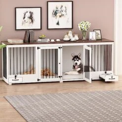 DAWNSPACES Furniture Style Large Dog Crate For 2 Dogs, 86.6" Heavy Duty Wooden Dog Kennel With Dog Bowl Drawers & Divider, Indoor Furniture Style Dog Kennel For Large Medium Dogs, White -Zoo Shop 51iqGQGp7GL