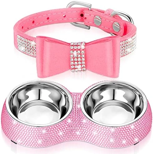 Gerrii 2 Pcs Pink Dog Cat Bowls And Small Puppy Collar Set For Cat And Dog, Pink Bling Cat Collars Rhinestones Stainless Steel Puppy Bowls Adjustable Bling Dog Collar (Light Purple, XS) 8 Gerrii 2 Pcs Pink Dog Cat Bowls And Small Puppy Collar Set For Cat And Dog, Pink Bling Cat Collars Rhinestones Stainless Steel Puppy Bowls Adjustable Bling Dog Collar (Light Purple, XS) - Image 6