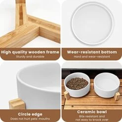 KPWACD Ceramic Pet Bowls For Dog And Cat, Raised Dog Food And Water Bowl Set With Anti-Slip Wooden Stand, White Pets Dish Feeding Bowls Suitable For Small, Medium And Big Cats Dogs, 28 OZ -Zoo Shop 51jXukFtVaL