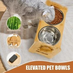 ODRIEW Elevated Cat Bowls, 6 Adjustable Heights Raised Dog Bowl, 15° Tilt Neck Guard Bamboo Dog Bowl Stand With 2 Stainless Steel Dog Bowls For Small And Medium Dogs And Cats. (6.3'' Double Food Bowl) -Zoo Shop 51jsV2hoy9L