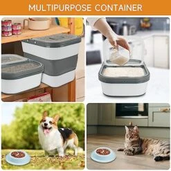 WHDPETS Dog Food Storage Container, 30 Lbs Collapsible Pet Food Container With Measuring,Wheels,Scoop & Slow Feeder Bowl, Airtight Sealed Cat Food Bin Kitchen Rice Storage With Rolling Wheel, Grey -Zoo Shop 51jxtOAchVL