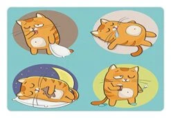 Lunarable Cat Pet Mat For Food And Water, Cartoon Cat In Various Poses Sleepy Lying Dreaming Expression Comic, Rectangle Non-Slip Rubber Mat For Dogs And Cats, Turquoise Apricot Grey