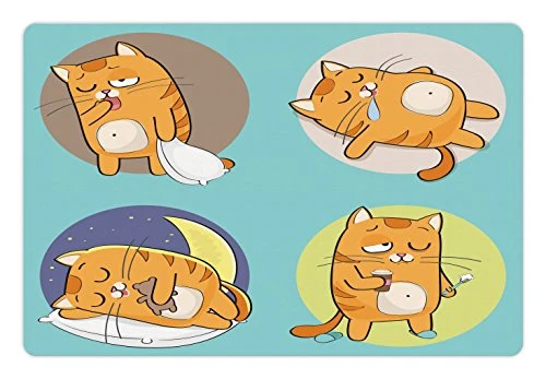 Lunarable Cat Pet Mat For Food And Water, Cartoon Cat In Various Poses Sleepy Lying Dreaming Expression Comic, Rectangle Non-Slip Rubber Mat For Dogs And Cats, Turquoise Apricot Grey 3 Lunarable Cat Pet Mat For Food And Water, Cartoon Cat In Various Poses Sleepy Lying Dreaming Expression Comic, Rectangle Non-Slip Rubber Mat For Dogs And Cats, Turquoise Apricot Grey