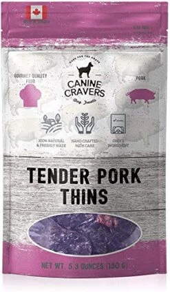 Canine Cravers Single Ingredient Dog Treats – Tender Pork Thins - Human Grade Air Dried Hypoallergenic Pet Food – Grain, Gluten, And Soy Free – 100% All Natural – 5.3 Oz