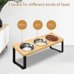 FTKINGDER Raised Cat Food Water Bowl，Small Dog 15 ° Tilted Elevated Food Feeding Tray With Three Stainless Steel Bowls To Protect The Spine Of Cats And Dogs From Vomiting (Wood Color) -Zoo Shop 51lDan92hOL