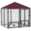 PawHut Indoor/Outdoor Metal Dog Kennel, Dog House With Lock, Weather Resistant Canopy And 2 Bowl Holders And Bowls, 4.6' X 4.6' X 5', Black/Red -Zoo Shop 51lqFG45zVL