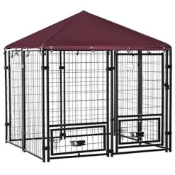 PawHut Indoor/Outdoor Metal Dog Kennel, Dog House With Lock, Weather Resistant Canopy And 2 Bowl Holders And Bowls, 4.6' X 4.6' X 5', Black/Red