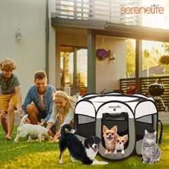 SereneLife ON-The-GO Foldable Portable Pet Tent 8-Panel Playpen For Dog & Cat W/Food/Water Bowl, Mesh, Pet House Indoor & Outdoor, Travel & Camping Pet Kennel Exercise Puppy Playground (Grey - Medium) -Zoo Shop 51lxxCVp5ZL
