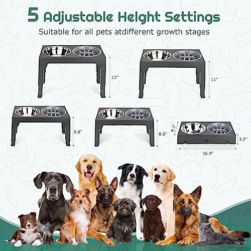 ODRIEW Elevated Dog Bowls, 5 Adjustable Heights Raised Dog Bowl Stand With 2 Stainless Steel Dog Food Bowls And 1 Slow Food Bowl, Tiltable Neck Guard For Small Medium Large Pets Dogs And Cats (Grey) 4 ODRIEW Elevated Dog Bowls, 5 Adjustable Heights Raised Dog Bowl Stand With 2 Stainless Steel Dog Food Bowls And 1 Slow Food Bowl, Tiltable Neck Guard For Small Medium Large Pets Dogs And Cats (Grey) - Image 2
