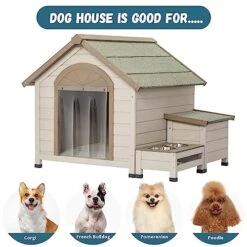 AWQM Wooden Dog House Outdoor Indoor For Small Medium Dogs,Outdoor Pet Kennel With 2 Bowls/Open Roof/Elevated Floor,Weatherproof Puppy House,Cream -Zoo Shop 51nJGqJvNXL