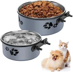 Hanging Pet Bowls,2PCS Pet Grate Bowl With Clamp Holder,Stainless Steel Dog Water Bowl Food Feeder,Removable Pet Dish Bowl For Cat,Dog Small/Medium/Large Animal (7.1"x2.8"+5.5"x2.2", Gray) -Zoo Shop 51nNxvCk03L. AC