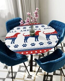MUSEDAY Round Waterproof Table Cover Independence Day Dog Elastic Tablecloth Fitted Table Cover IndoorOutdoor Spillproof Table Cover Fits Tables Up To 36"-44" Diameter, Pet Dog Paw Red Navy Blue -Zoo Shop 51nyz7dMWUL
