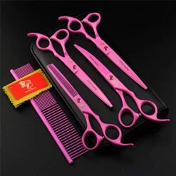 Pet Grooming Scissors Upscale Cat Dog 4 Pcs Set Pink Paint Professional Trimmer Kit Premium 7.0 Inch 6CR Steel Beauticians Straight Cutting & Thinning & Curved Shears Combs
