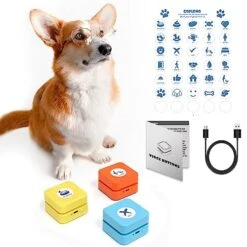 Goplemo Rechargeable Dog Buttons For Communication Starter Pack,Voice Recording Buttons Set Training Pets Funny Gifts Study Office Home 3 Counts 35 Stickers