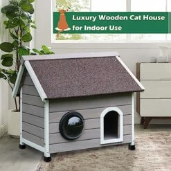 HiCaptain Weatherproof Outdoor Cat House, Wooden Feral Cat House For Outside, Unique Small Pet Shelter With Escape Door, Clear Window And Removable Attic-Grey -Zoo Shop 51p8KR0jgHL