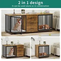 YITAHOME Large Double Dog Crate Furniture 74" Inch, Indoor Wooden Dog Kennel Furniture With Dog Feeders Bowls, 2-in-1 TV Stand, Endtable For 2 Large Medium Dogs, Brown -Zoo Shop 51pWzJeFfzL