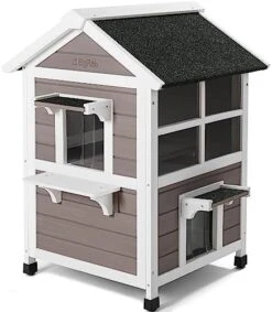 Bigrab Outdoor Large Cat House Weatherproof, Outside Feral Cat Shelter With Escape Door, Insulated Wooden Cat Condos With Window, (Two Storey Grey - For 2-3 Cats Or Small Animals) -Zoo Shop 51qbFmdBNL. AC