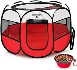 SereneLife ON-The-GO Foldable Portable Pet Tent 8-Panel Playpen For Dog & Cat W/Food/Water Bowl, Mesh, Pet House Indoor & Outdoor, Travel & Camping Pet Kennel Exercise Puppy Playground (Grey - Medium) -Zoo Shop 51r9rk7DUJL. AC 1