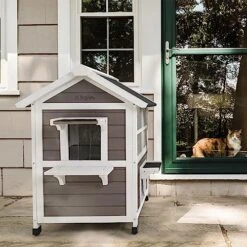 Bigrab Outdoor Large Cat House Weatherproof, Outside Feral Cat Shelter With Escape Door, Insulated Wooden Cat Condos With Window, (Two Storey Grey - For 2-3 Cats Or Small Animals)