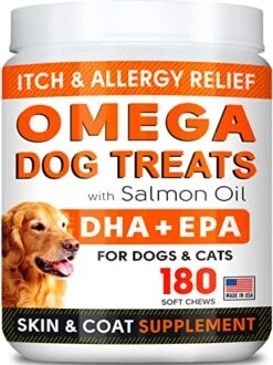 Fish Oil Omega 3 Treats For Dogs - Allergy And Itch Relief - Skin And Coat Supplement - Joint Health - Wild Alaskan Salmon Oil - Shedding, Itchy Skin Relief - Omega 3 6 9 - EPA & DHA - 180 Treats