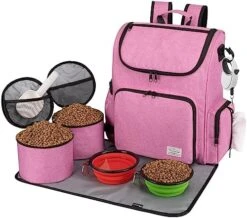 Modoker Dog Travel Bag Backpack, Airline Approved Pet Accessories Organizer For Dog And Cat With Shoulder Strap, 2 Dog Food Storage Containers, 2 Collapsible Dog Bowls,1 Pet Mat, Rose Red -Zoo Shop 51tUz48nX9L. AC