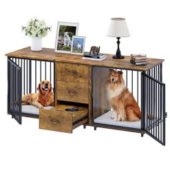 YITAHOME Large Double Dog Crate Furniture 74" Inch, Indoor Wooden Dog Kennel Furniture With Dog Feeders Bowls, 2-in-1 TV Stand, Endtable For 2 Large Medium Dogs, Brown