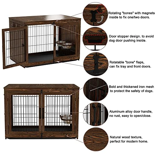 Piskyet Wooden Dog Crate Furniture With 360° Rotatable Removable Dog Bowls, Medium Dog Crate End Table With Tray, Double Doors Dog Kennels Indoor For XLarge Dogs - Rustic Style 5 Piskyet Wooden Dog Crate Furniture With 360° Rotatable Removable Dog Bowls, Medium Dog Crate End Table With Tray, Double Doors Dog Kennels Indoor For XLarge Dogs - Rustic Style - Image 3