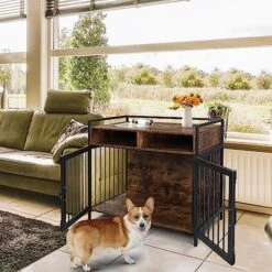 Dog Crate Furniture 38.6" With 2 Drawers, Large Dog Kennel End Table, Wooden Dog Cage Indoor Dog House Pet Crate Table With Double Doors For Large Small Medium Dogs, Walnut Color -Zoo Shop 51uWnUag04L 1