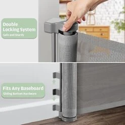 Retractable Dog Gate With Cat Door 55” Wide Retractable Baby Gate With Pet Door 35” Tall Indoor Outdoor Mesh Pet Gate For Cats/Small Dogs Child Safety Gate For Stairs, Doorways, Deck (Grey) -Zoo Shop 51ufaRE8PpL