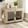 Piskyet Wooden Dog Crate Furniture With 360° Rotatable Removable Dog Bowls, Medium Dog Crate End Table With Tray, Double Doors Dog Kennels Indoor For Small Dogs - Texture Grey, 38 Inch -Zoo Shop 51wWNZ1WnHL 1