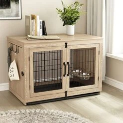 Piskyet Wooden Dog Crate Furniture With 360° Rotatable Removable Dog Bowls, Medium Dog Crate End Table With Tray, Double Doors Dog Kennels Indoor For Large Dogs - Texture Grey, -Zoo Shop 51wWNZ1WnHL