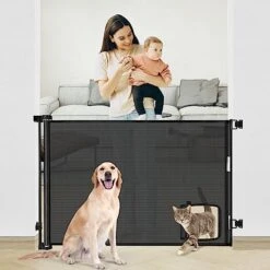 Retractable Dog Gate With Cat Door 55” Wide Retractable Baby Gate With Pet Door 35” Tall Indoor Outdoor Mesh Pet Gate For Cats/Small Dogs Child Safety Gate For Stairs, Doorways, Deck (Grey) -Zoo Shop 51wsSDQcwAL. AC