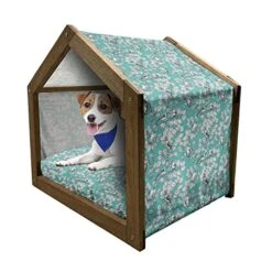 Ambesonne Floral Wooden Pet House, Singing Birds On Branches Berries Leaves Spring Sketch Outline, Indoor & Outdoor Portable Dog Kennel With Pillow And Cover, Small, Dark Seafoam Multicolor