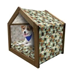 Lunarable Retro Wooden Pet House, Breakfast Pattern With Eggs Jam Coffee And Bagel Traditional New York Morning Food, Outdoor & Indoor Portable Dog Kennel With Pillow And Cover, Small, Multicolor